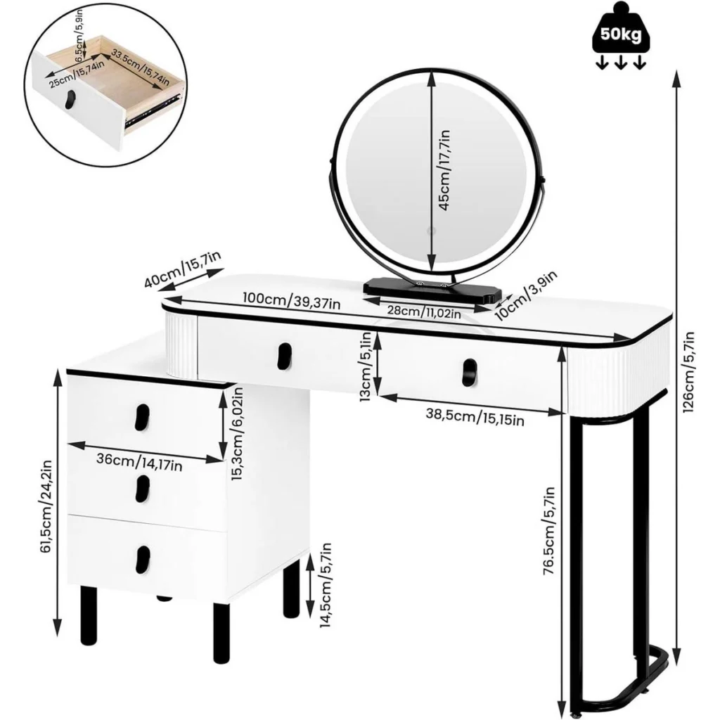 Dimensions: 100 × 40 cm top, 126 cm high, 45 cm mirror, 36 cm drawer unit