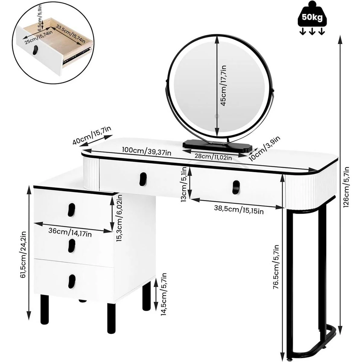 Dimensions: 100 × 40 cm top, 126 cm high, 45 cm mirror, 36 cm drawer unit