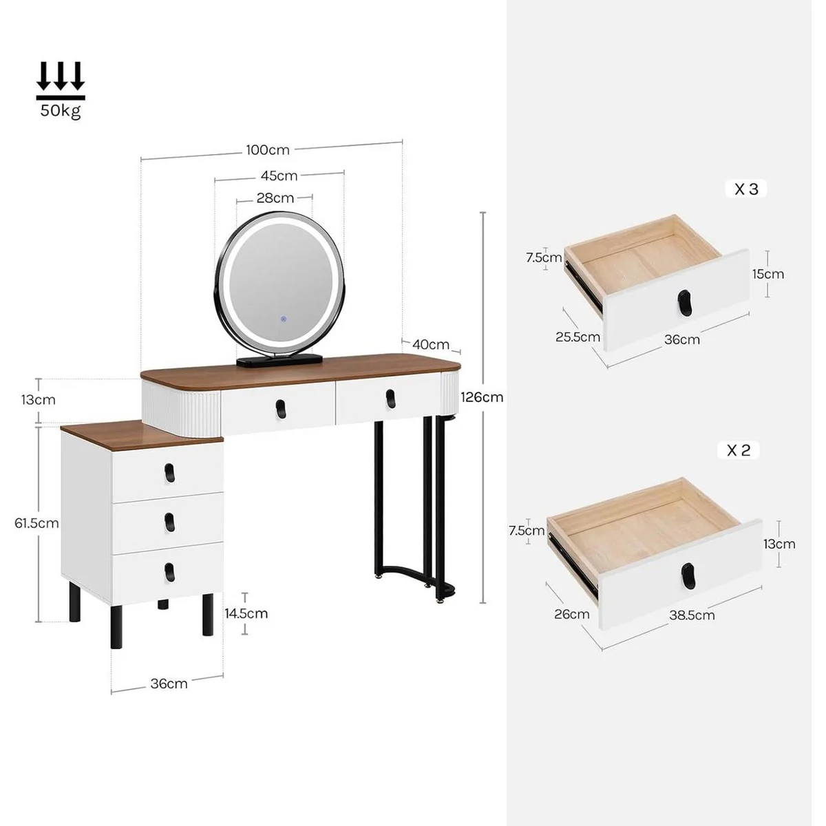 Dimensions: 100 × 40 cm top, 126 cm high, 45 cm mirror, 36 cm drawer unit, 5 drawers