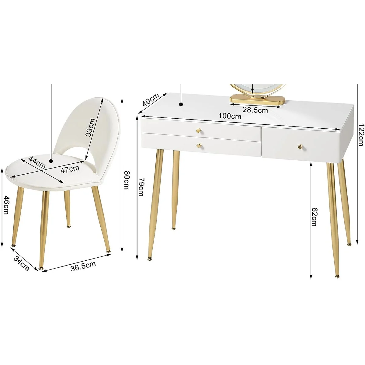 Dimensions: 100 × 40 cm dressing table, top at 79 cm; 80 cm chair, seat at 46 cm