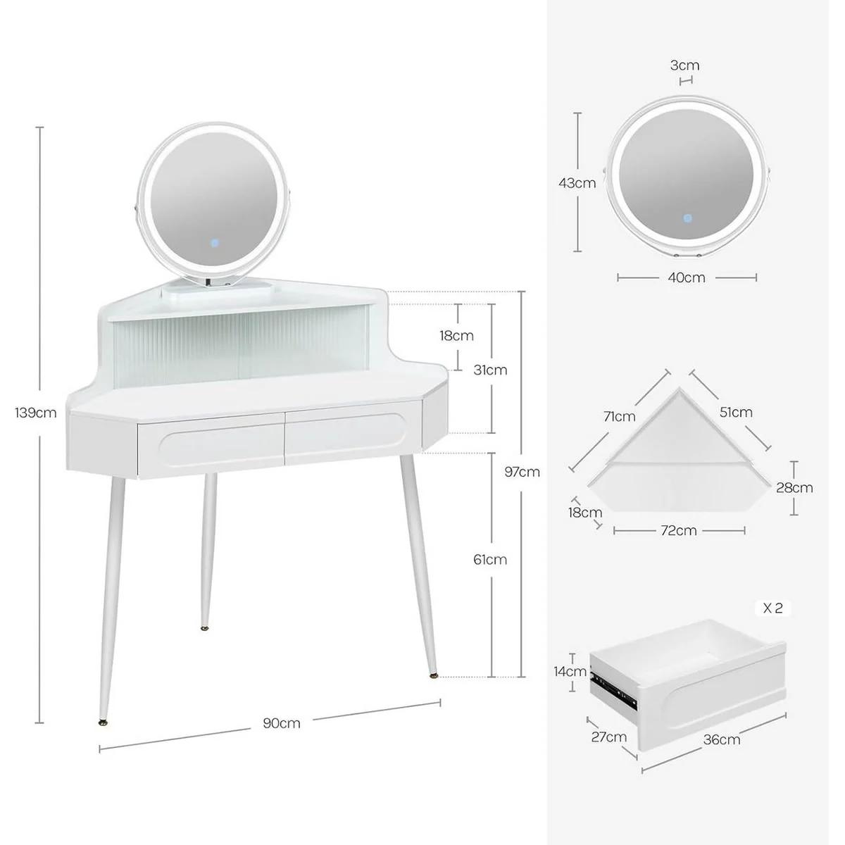 Dimensions: 139 cm high, 40 cm mirror, 36 cm drawers, 72 cm glass-fronted compartment