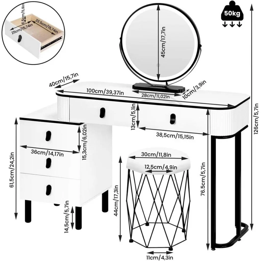 Dimensions: 100 × 40 cm top, 126 cm high, 45 cm mirror, 44 cm stool