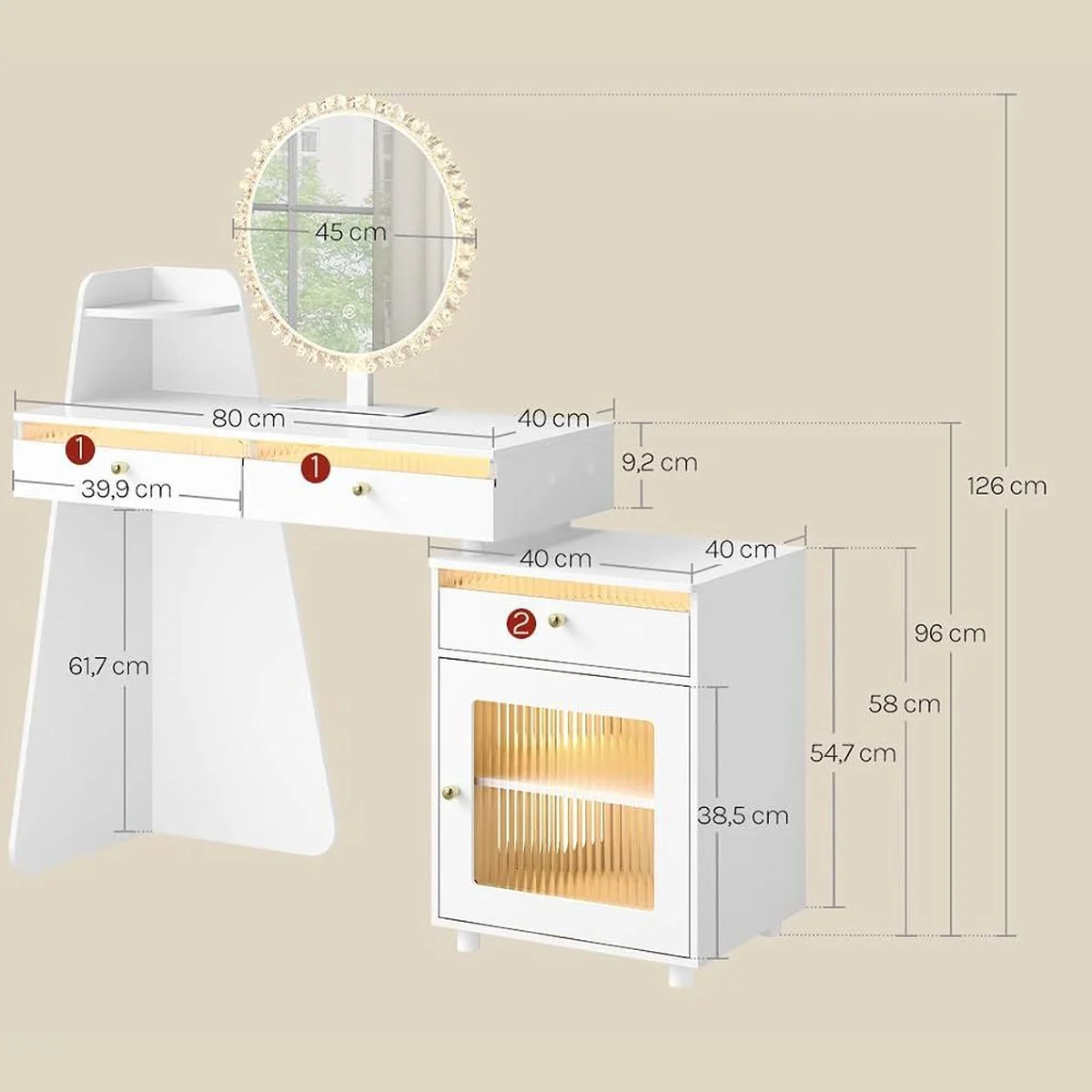 Dimensions: 80 × 40 cm tabletop, 126 cm high, 40 × 40 × 58 cm cabinet, 45 cm mirror
