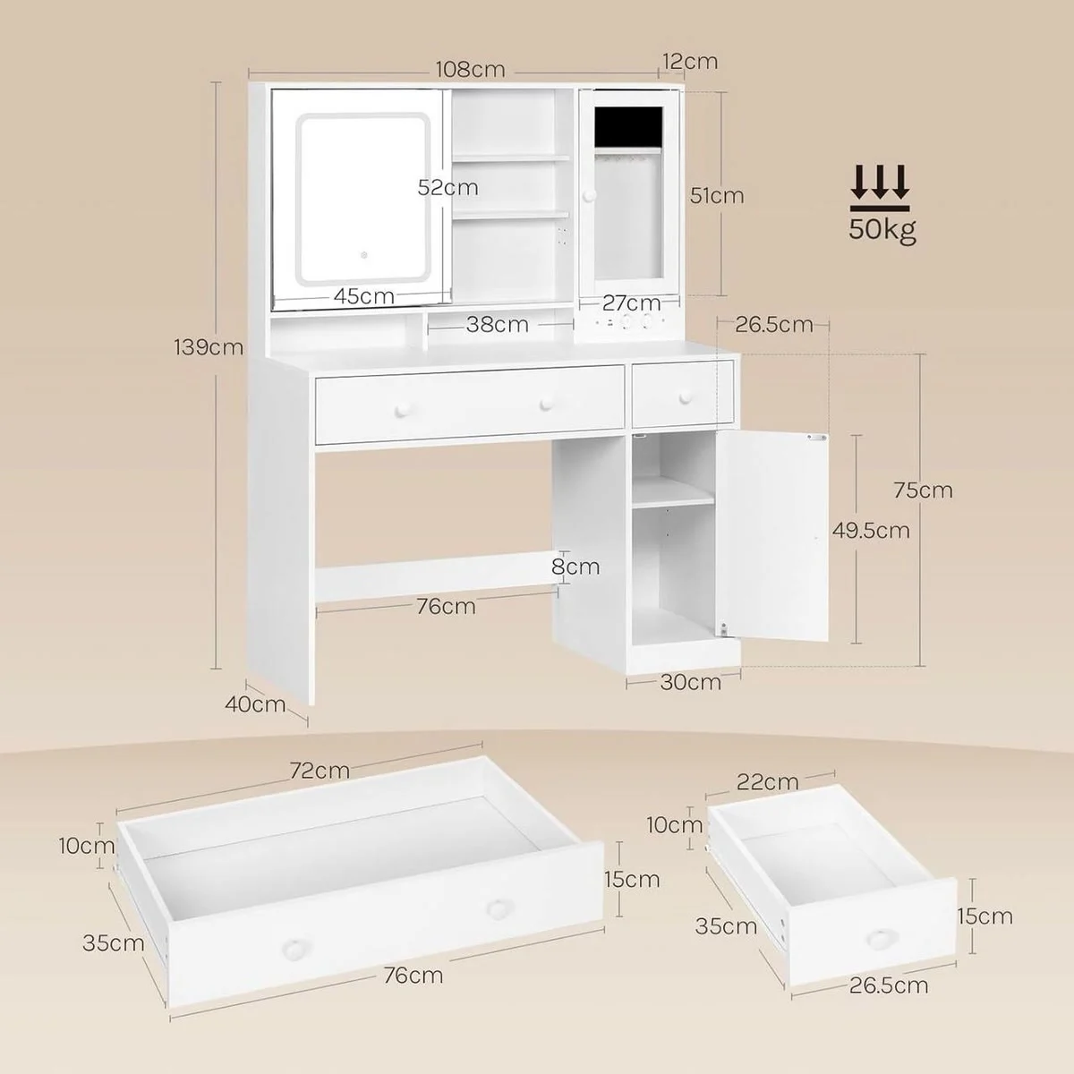 Dimensions: 108 × 40 cm, 139 cm high, top at 75 cm, mirror 45 × 52 cm, drawers 72 and 22 cm