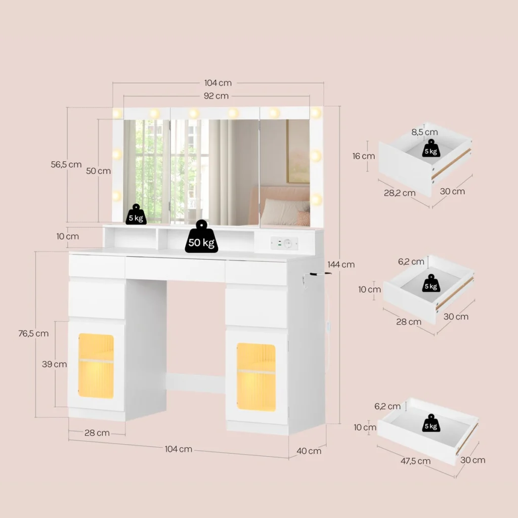 Dimensions: 104 × 40 cm, 144 cm high, tabletop at 76.5 cm, drawers 30 cm deep