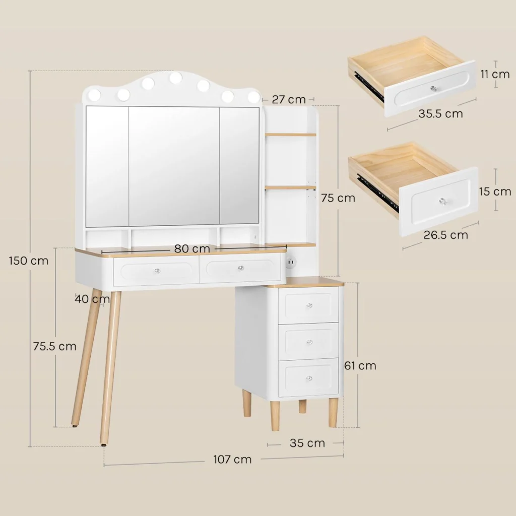 Dimensions: 107 × 40 cm, 150 cm high, 80 cm tabletop 75.5 cm from the floor