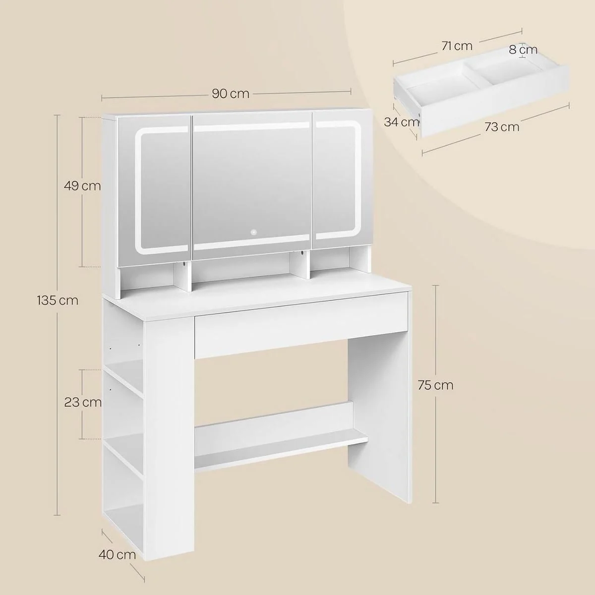 Dimensions: 90 × 40 cm, 135 cm high, top at 75 cm, mirror 90 × 49 cm
