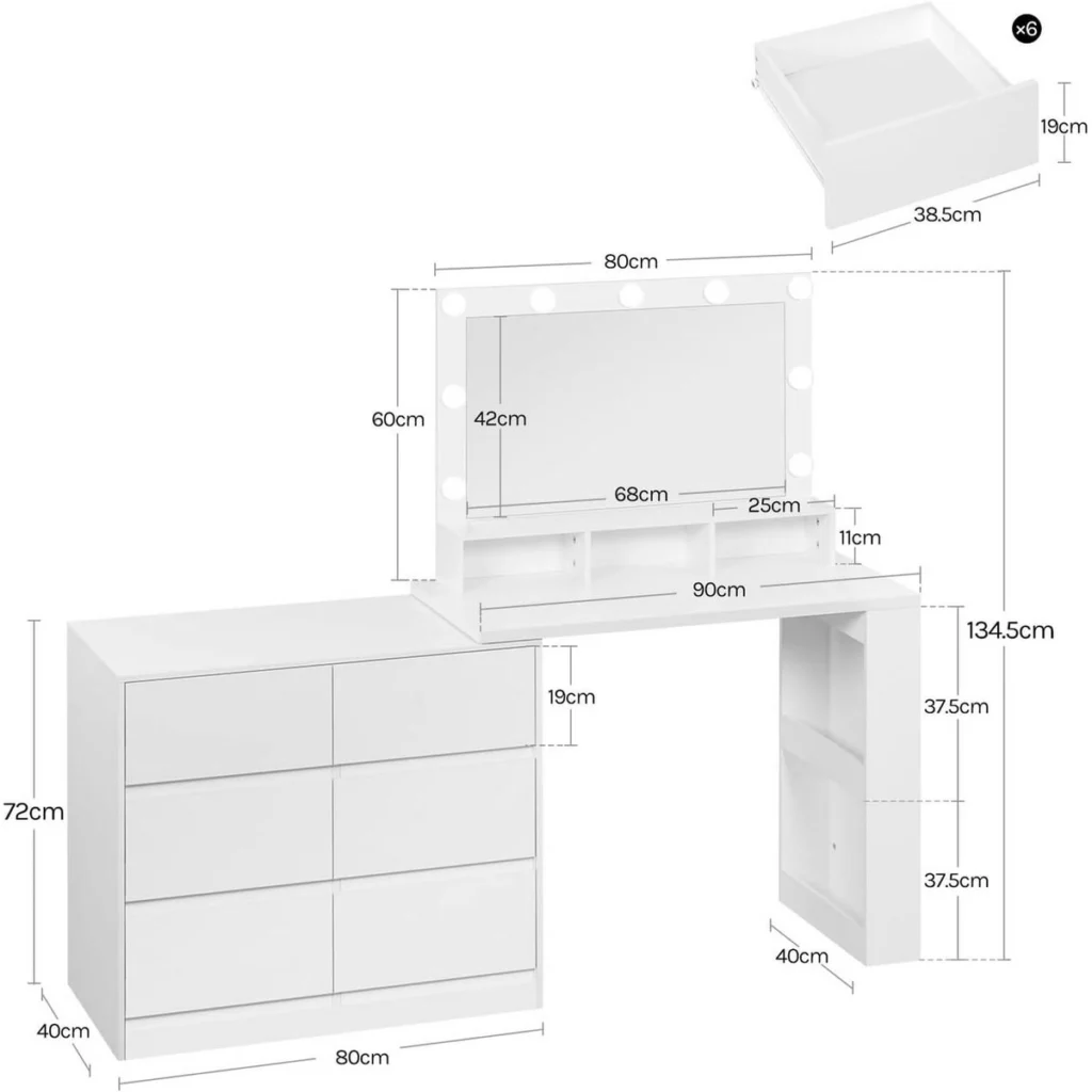 Dimensions: 90 cm top, 134.5 cm high, chest 80 × 40 × 72 cm, mirror 68 × 42 cm