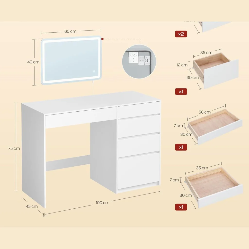 Dimensions: desk 100 × 45 × 75 cm, mirror 60 × 40 cm, drawers 35 and 56 cm wide
