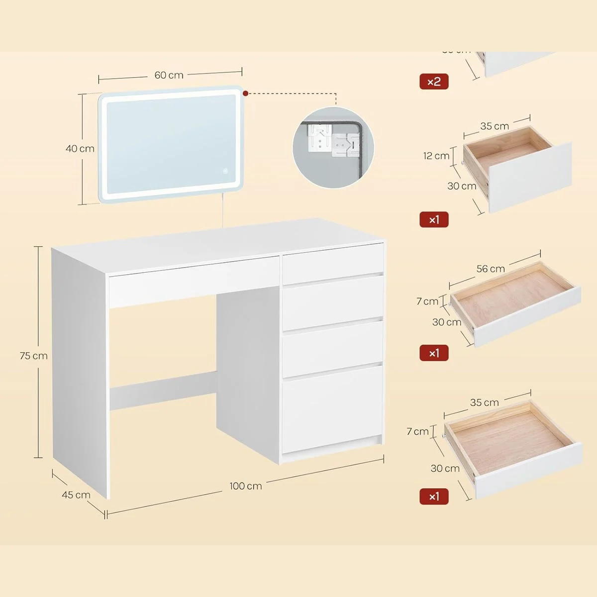 Dimensions: desk 100 × 45 × 75 cm, mirror 60 × 40 cm, drawers 35 and 56 cm wide