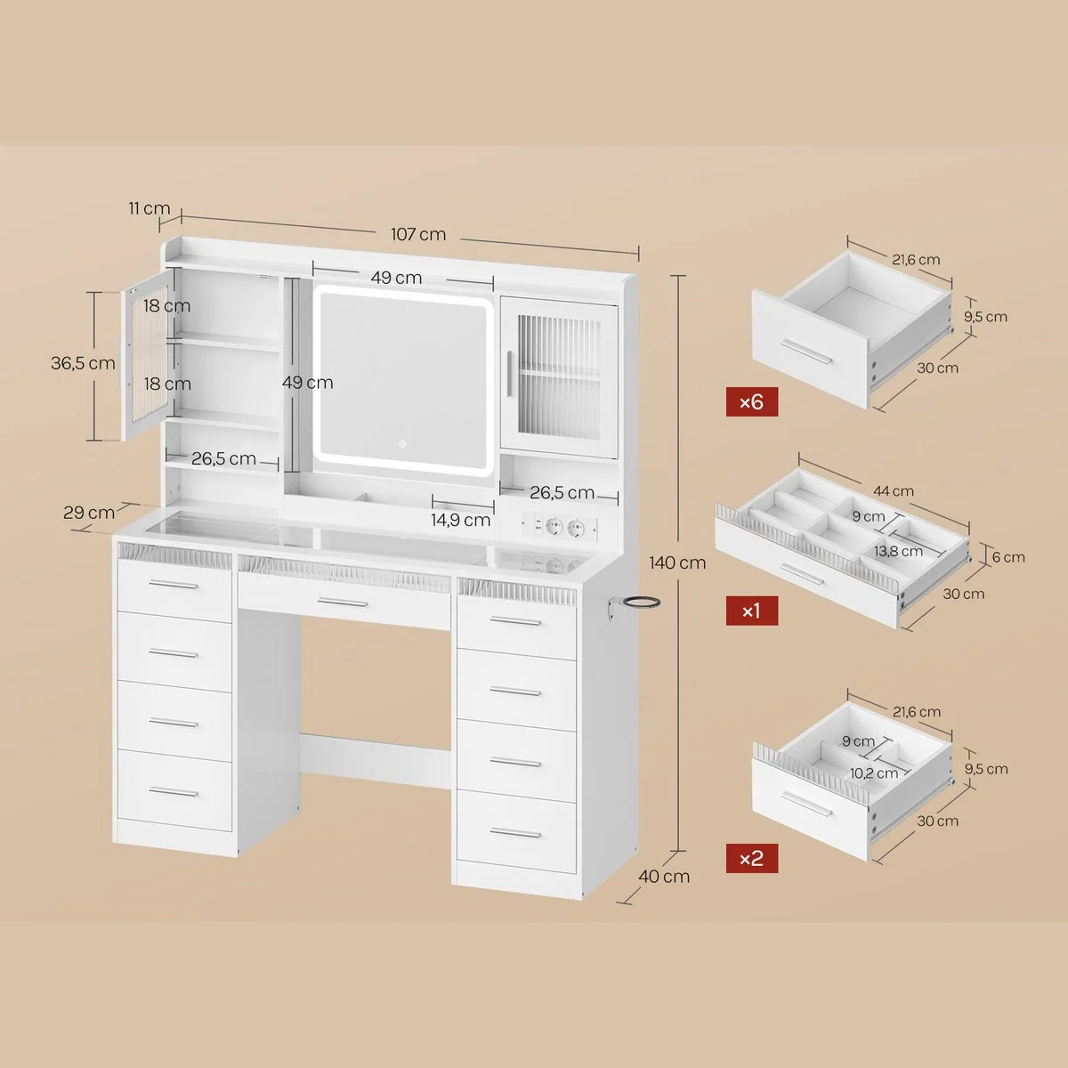 Dimensions: 107 × 40 cm, 140 cm high, 49 × 49 cm mirror, drawers 30 cm deep