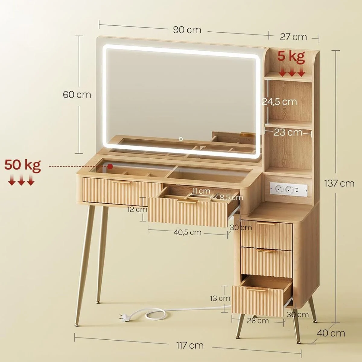 Dimensions: 117 × 40 × 137 cm, 90 × 60 cm mirror, drawers 40.5 and 26 cm wide