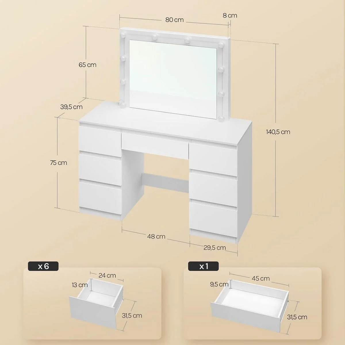 Dimensions: 107 × 39.5 × 140.5 cm, top at 75 cm, 6 drawers 24 cm wide and 1 drawer 45 cm wide
