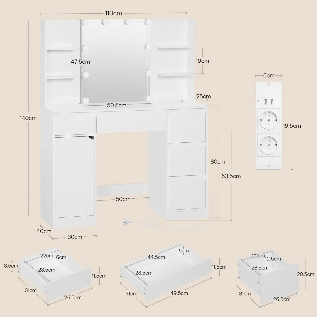 Dimensions: 110 cm wide, 140 cm high, top at 80 cm, 50.5 × 47.5 cm mirror