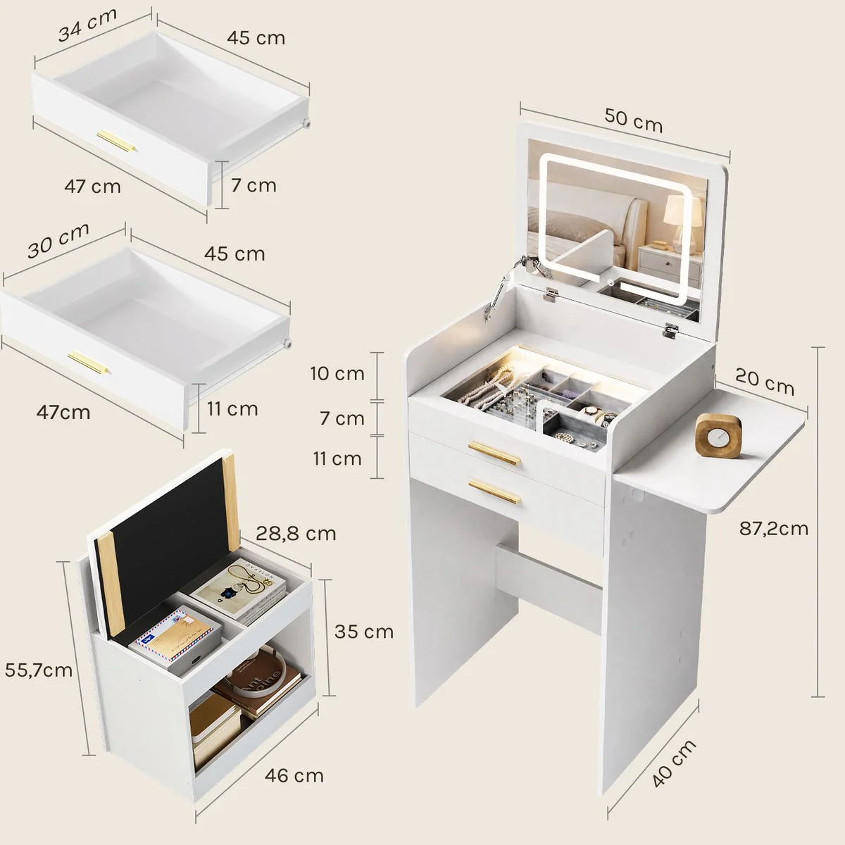 Dimensions: 50 × 40 cm, 87.2 cm high, 20 cm shelf, 46 × 28.8 × 55.7 cm stool
