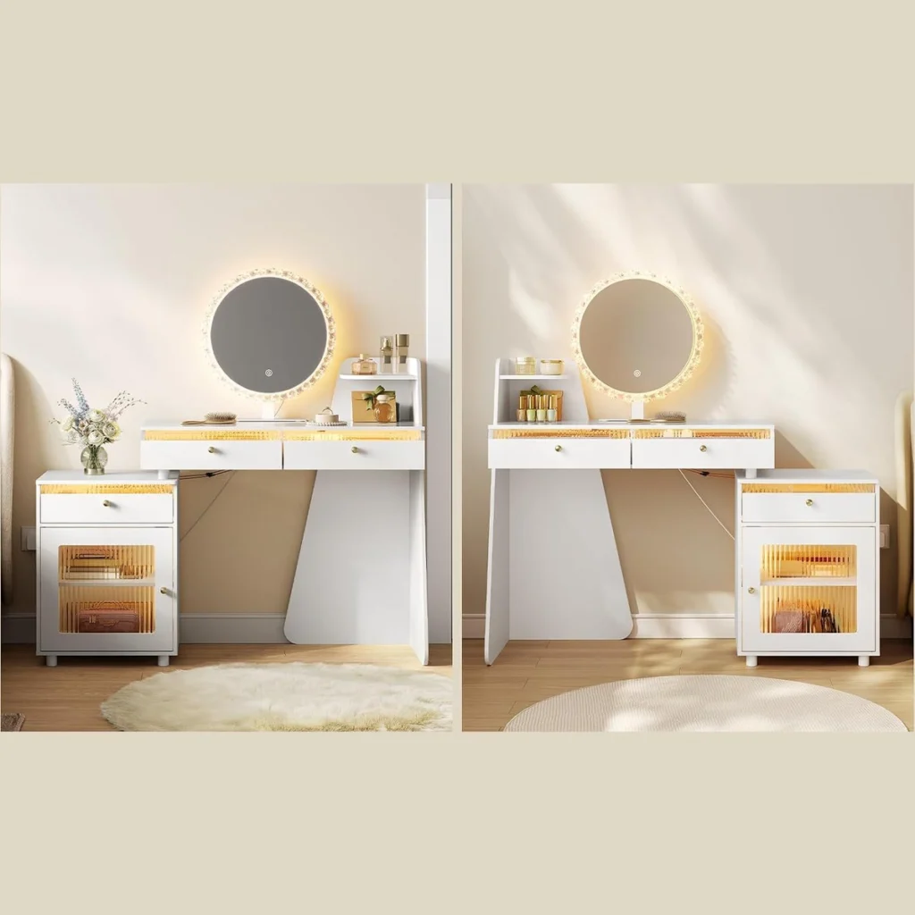 The cabinet on the left or right of the dressing table