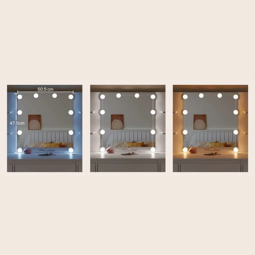 The mirror in cool, white and warm light