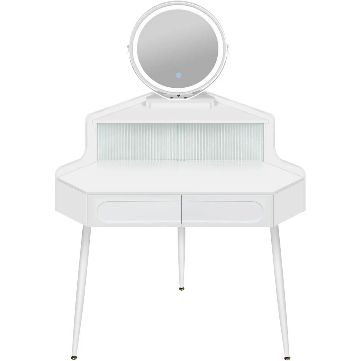 The corner dressing table from the front, on metal legs