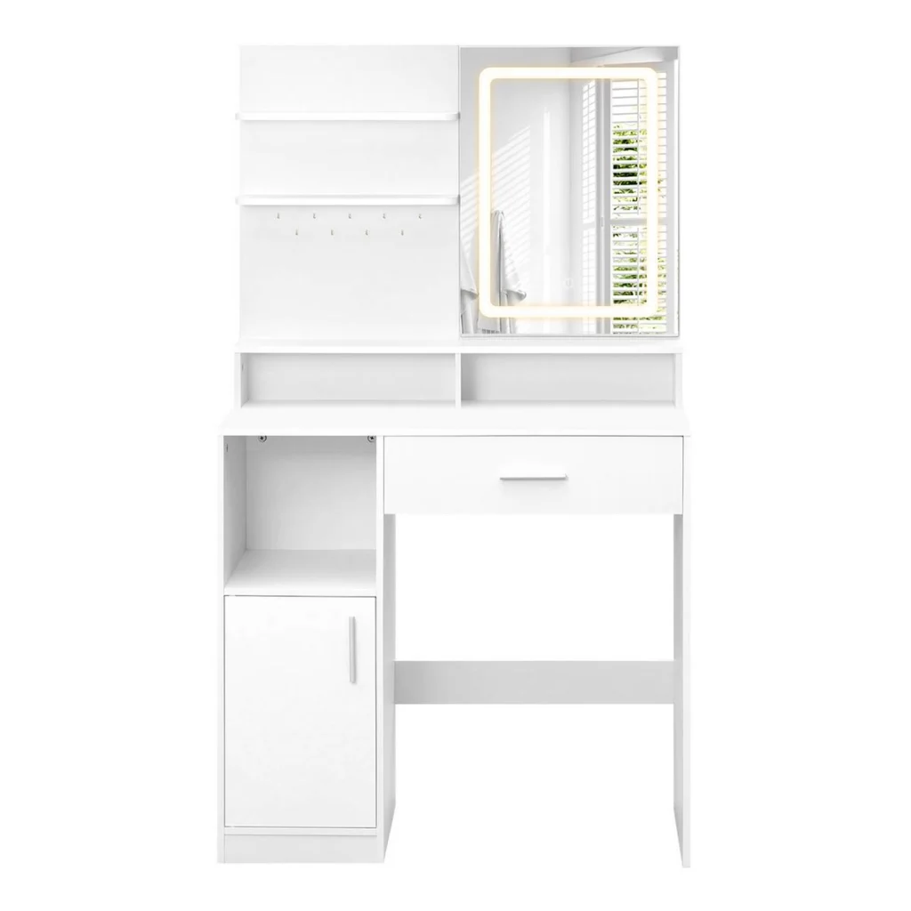 The dressing table from the front, mirror lit