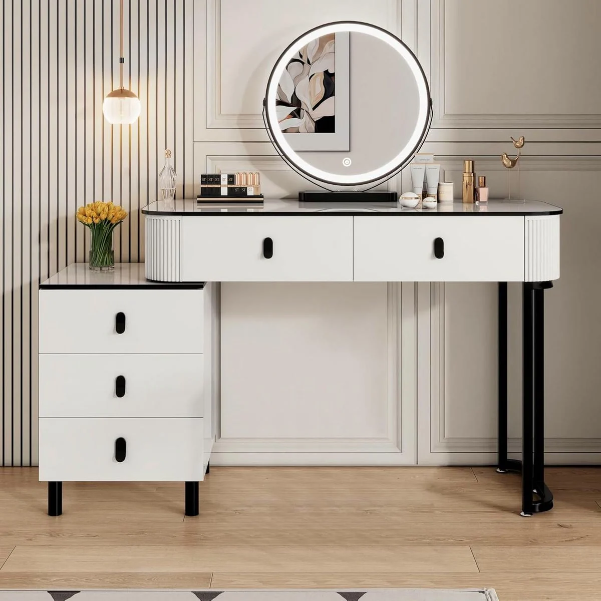 White and black 100 cm dressing table, round mirror lit up and 3-drawer unit