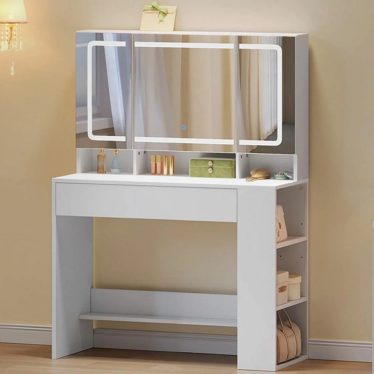 White 90 cm dressing table, tri-fold mirror lit, side shelf unit