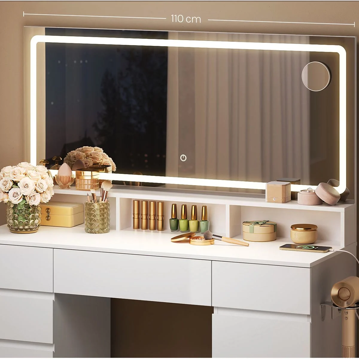 The 110 cm wide mirror and its 5× magnifier