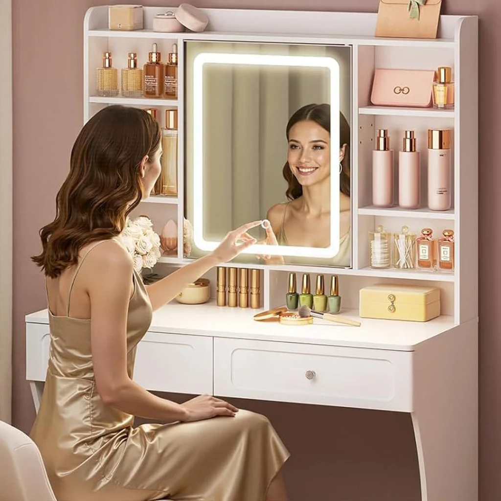 A woman switches on the LED mirror with a tap