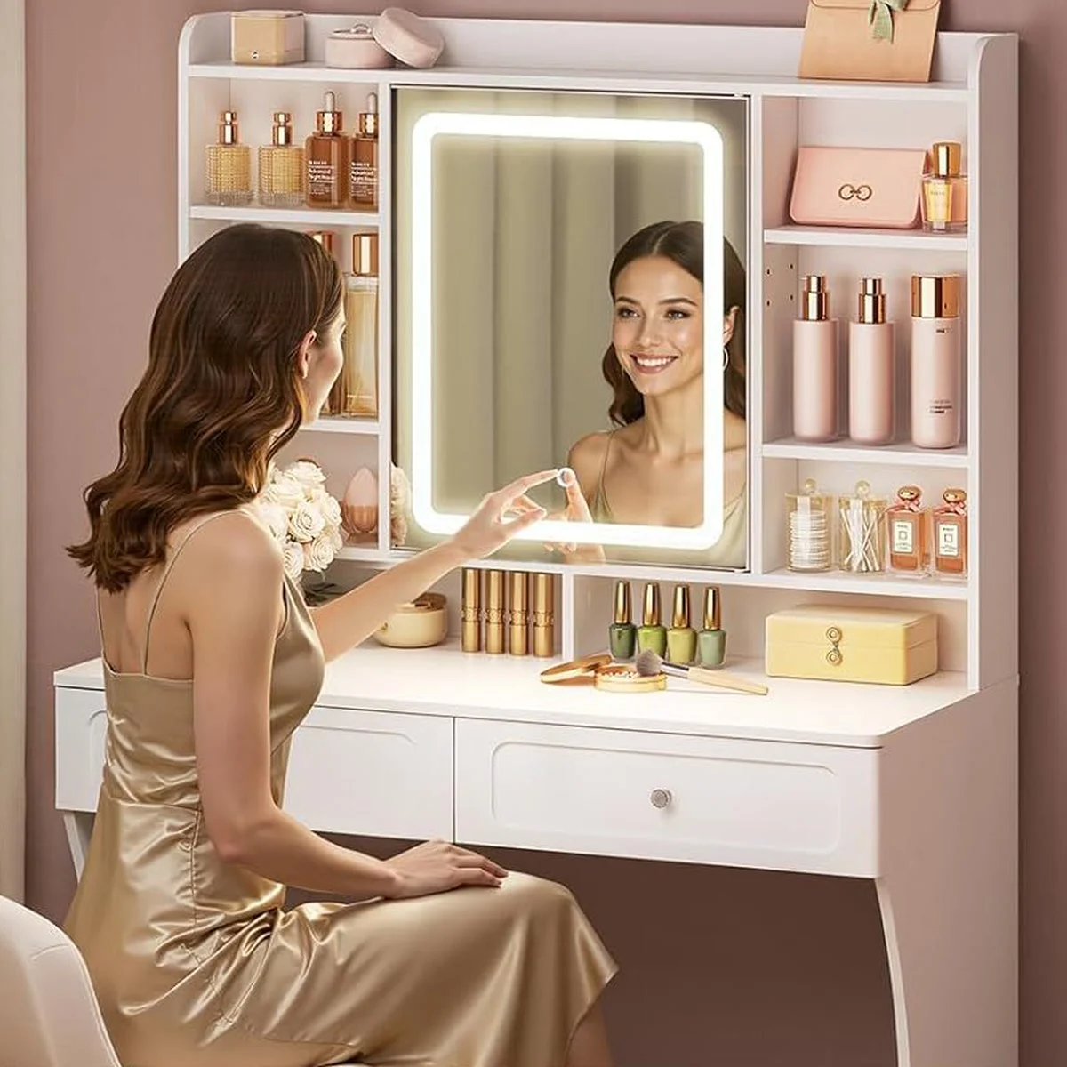 A woman switches on the LED mirror with a tap
