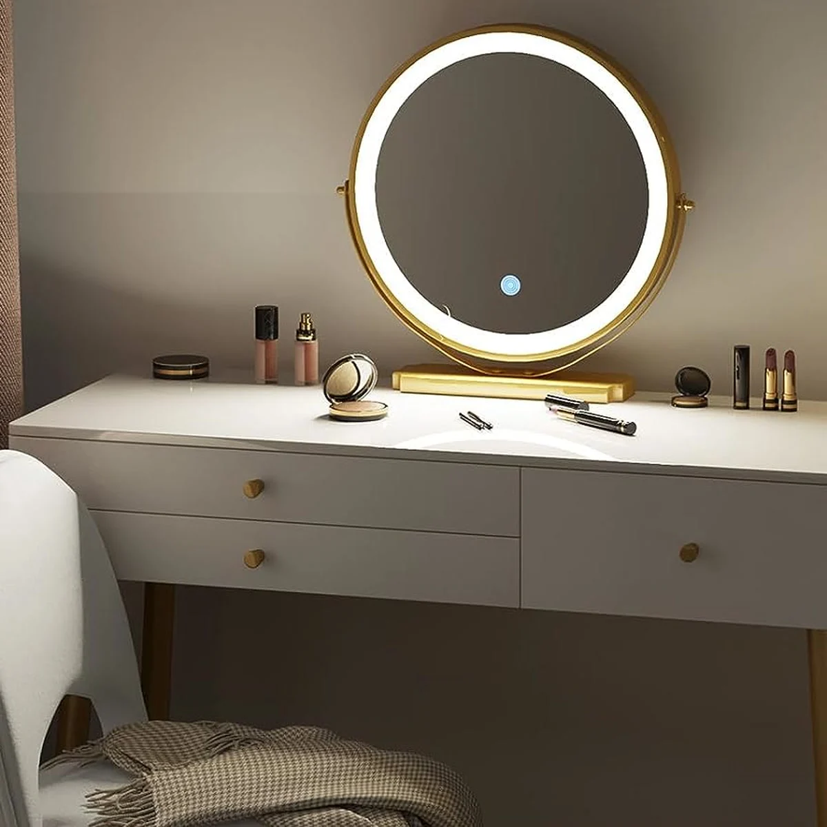 The round mirror lit up, adjusted with a touch