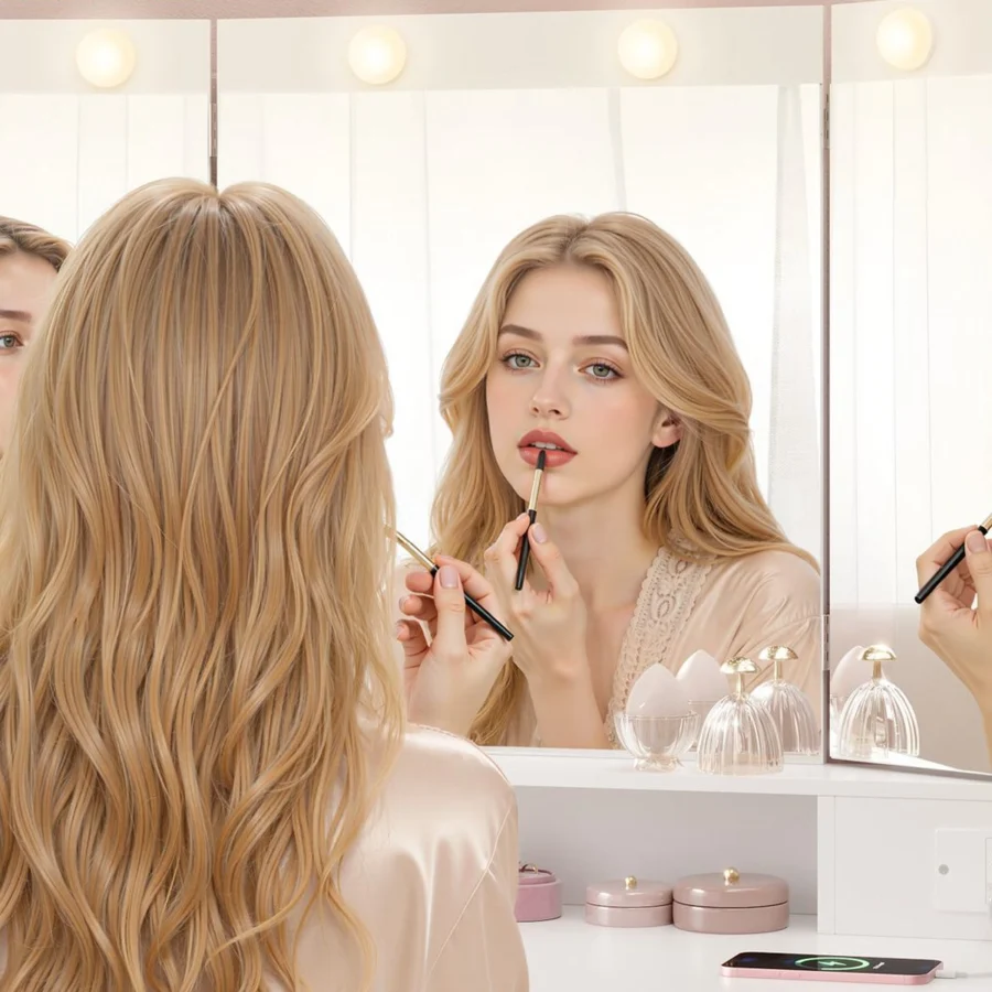 A woman doing her make-up in front of the tri-fold mirror, with the side panels folded in