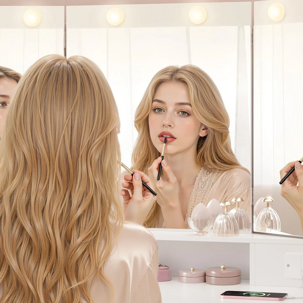 A woman doing her make-up in front of the tri-fold mirror, with the side panels folded in