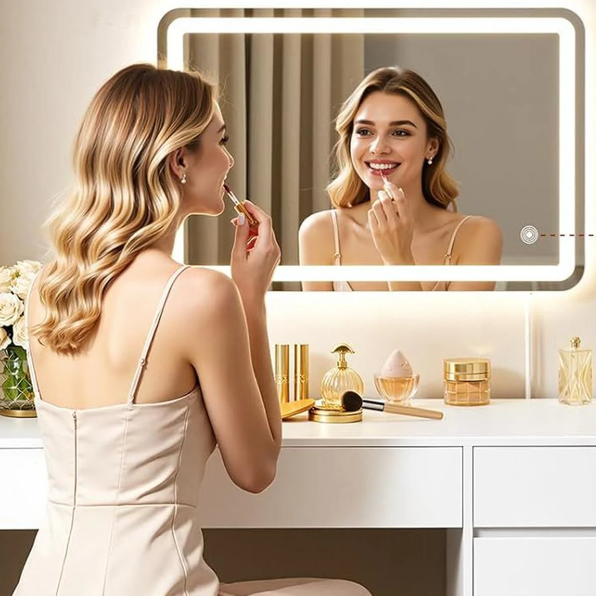 The 60 × 40 cm LED mirror, lit