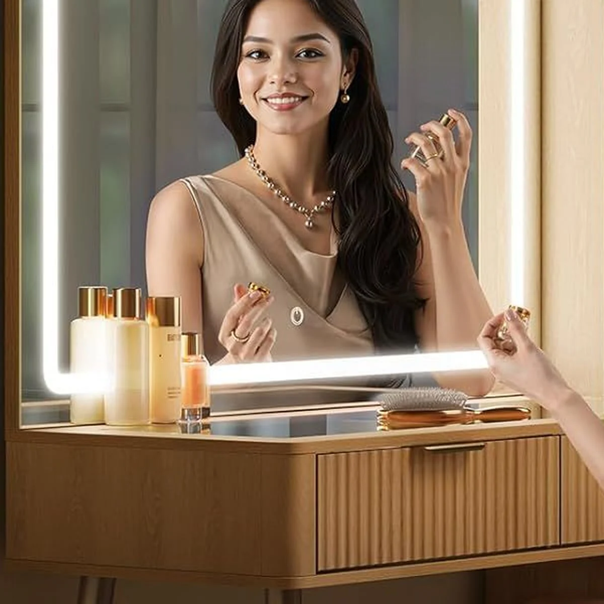 The large LED mirror lit, with a woman doing her make-up in it