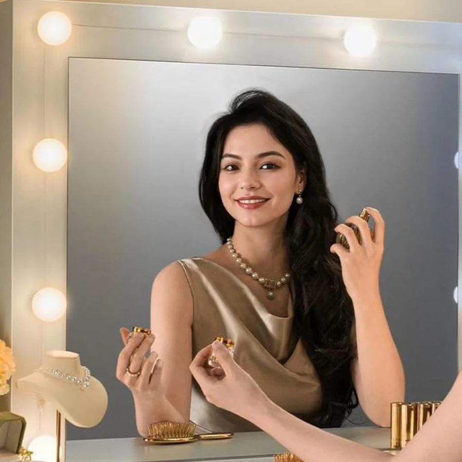 A woman doing her make-up at the bulb mirror