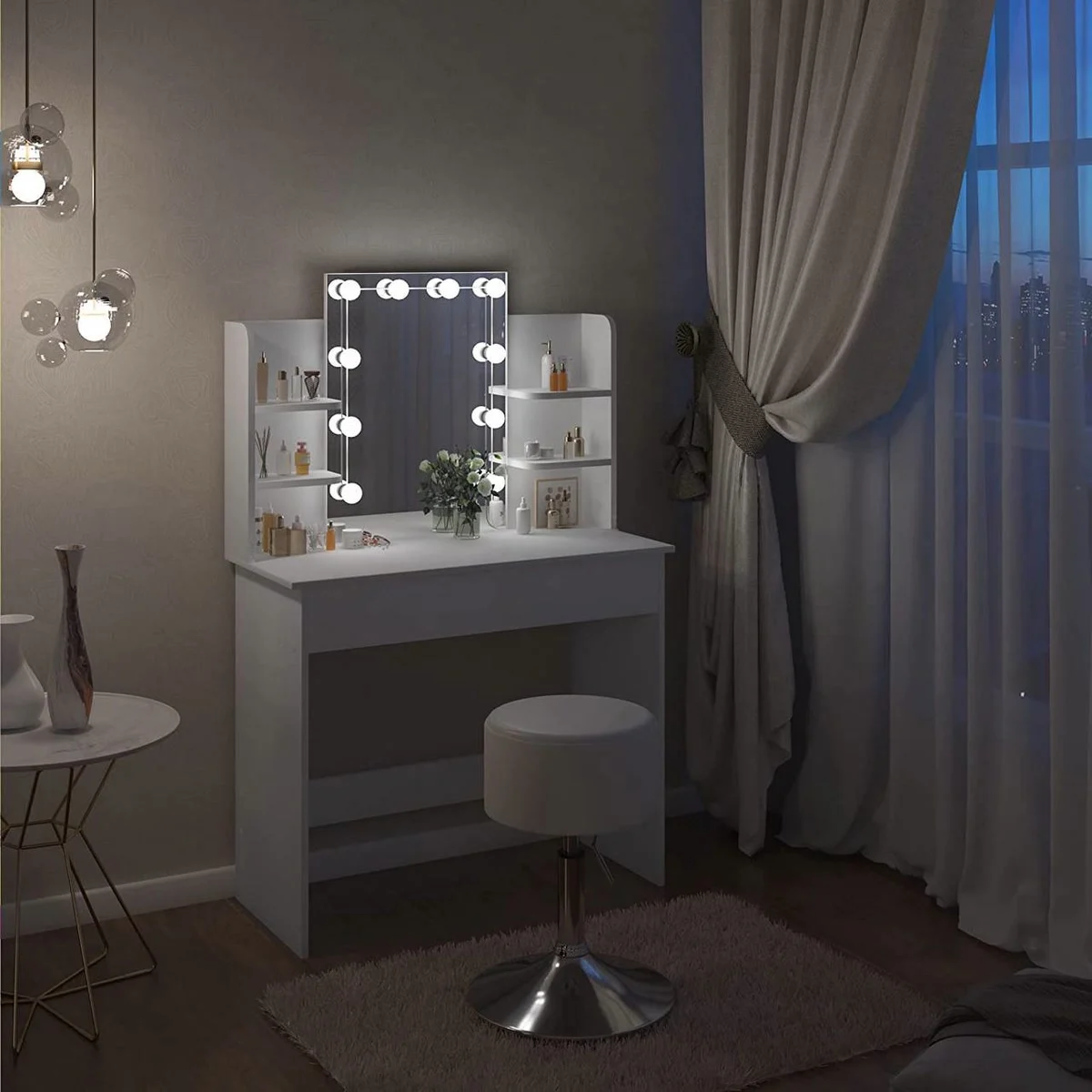 The dressing table in the evening, bulbs lit up