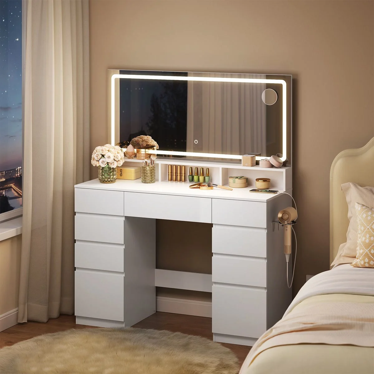 The dressing table in the evening, mirror lit