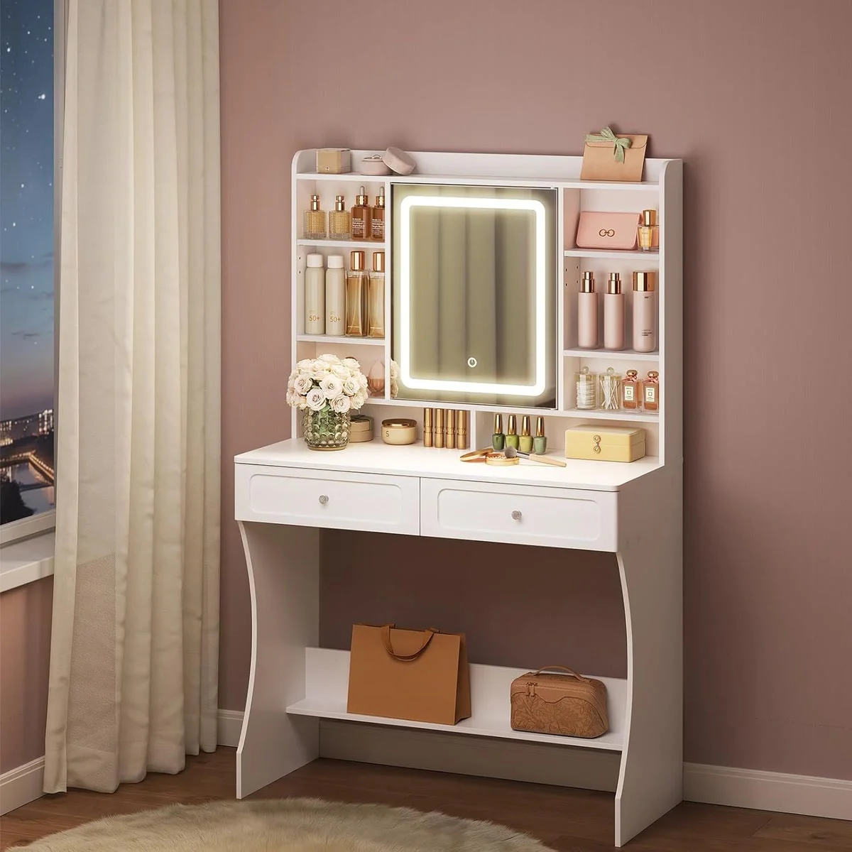 The dressing table in the evening, mirror lit