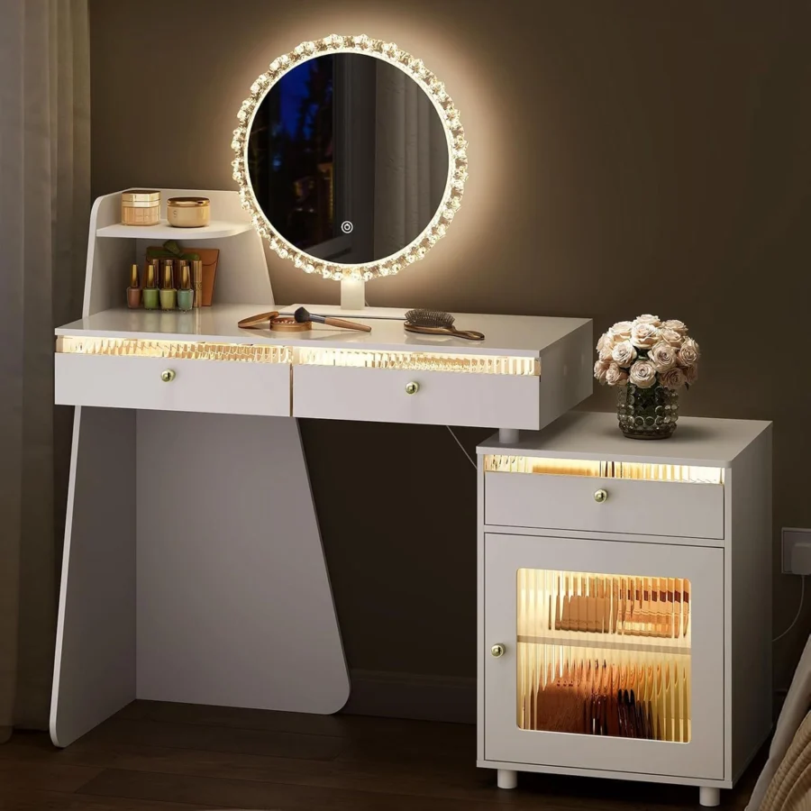 The dressing table in the evening: mirror, drawers and cabinet lit