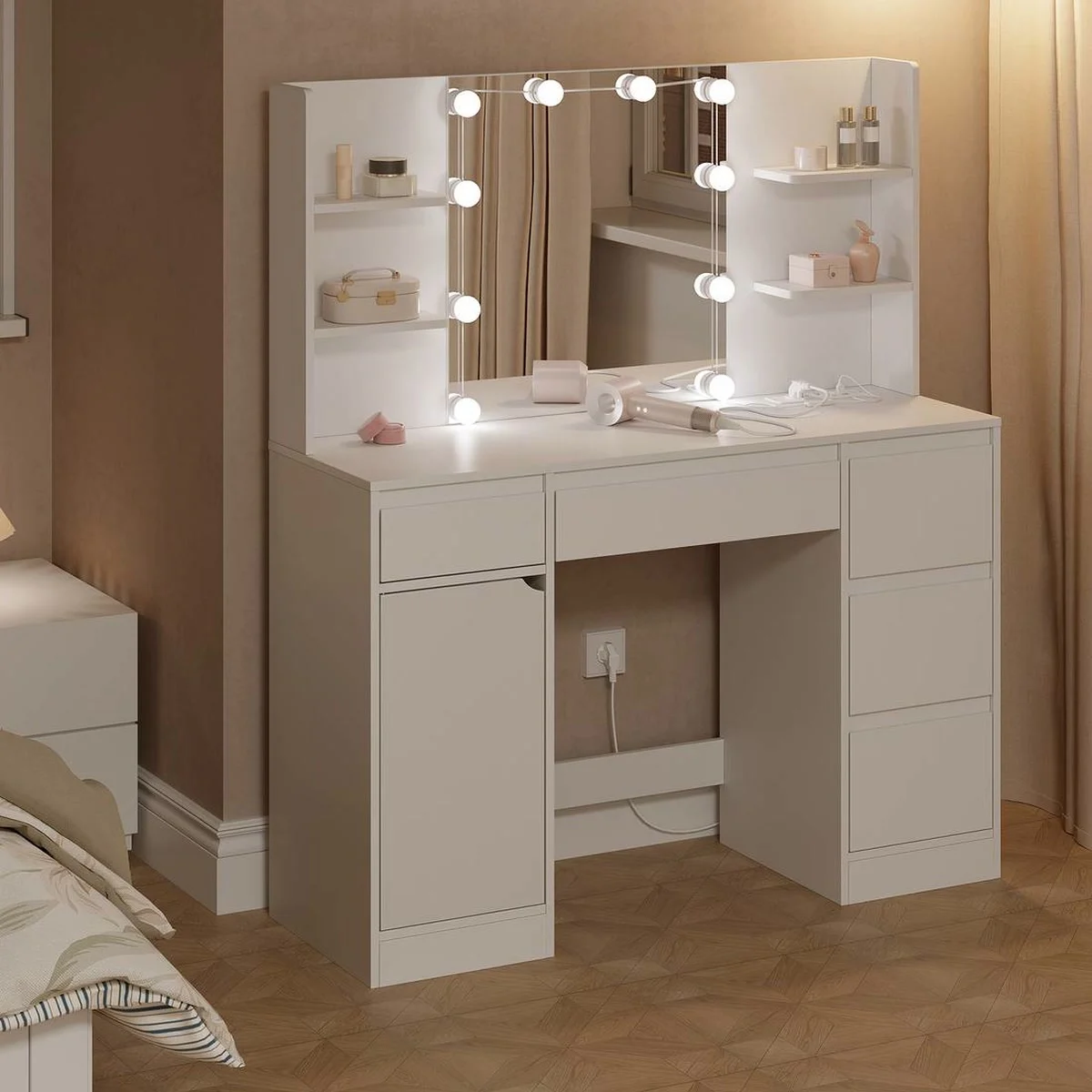The dressing table in the evening, with 10 bulbs lit around the mirror