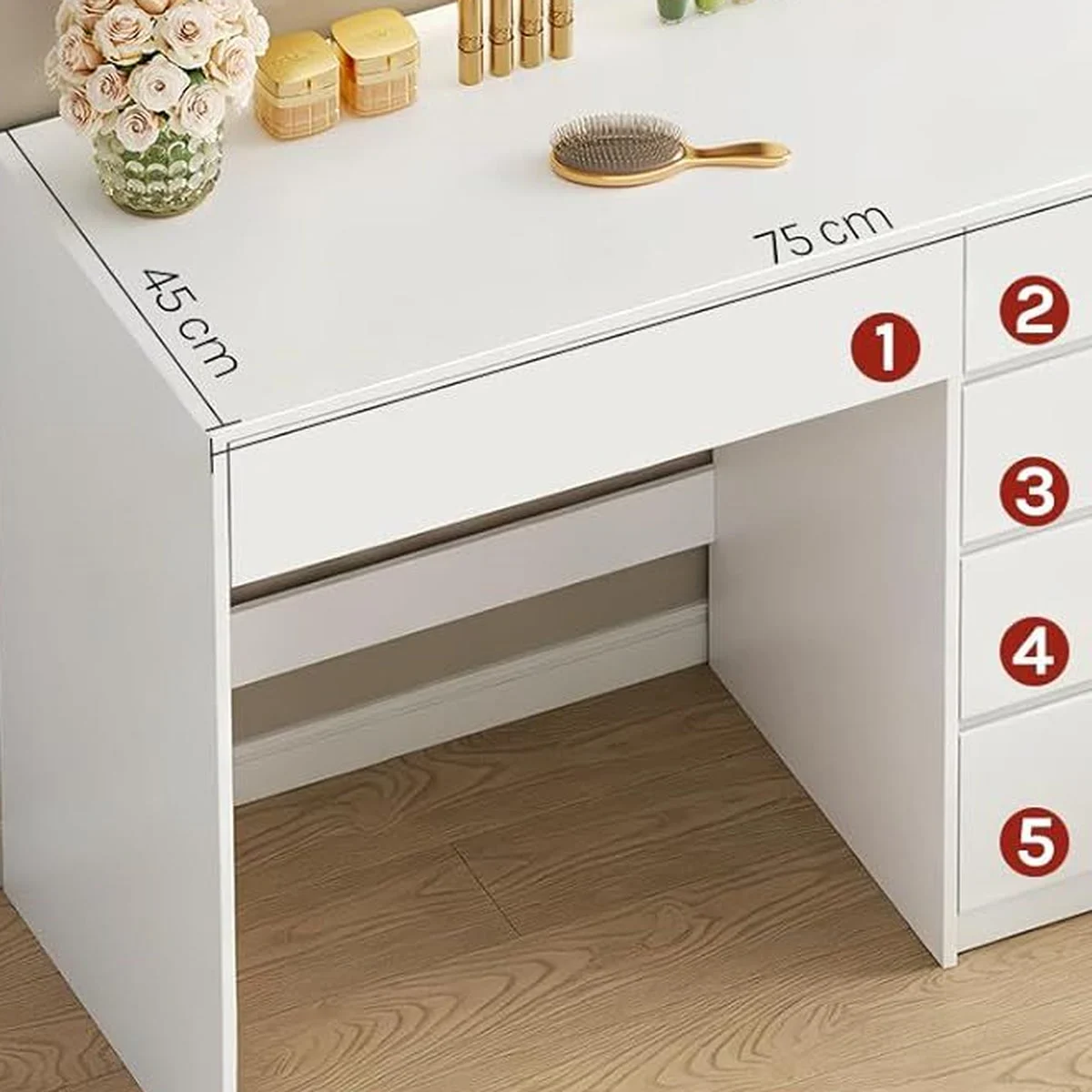 The 45 cm deep top and the 5 numbered drawers