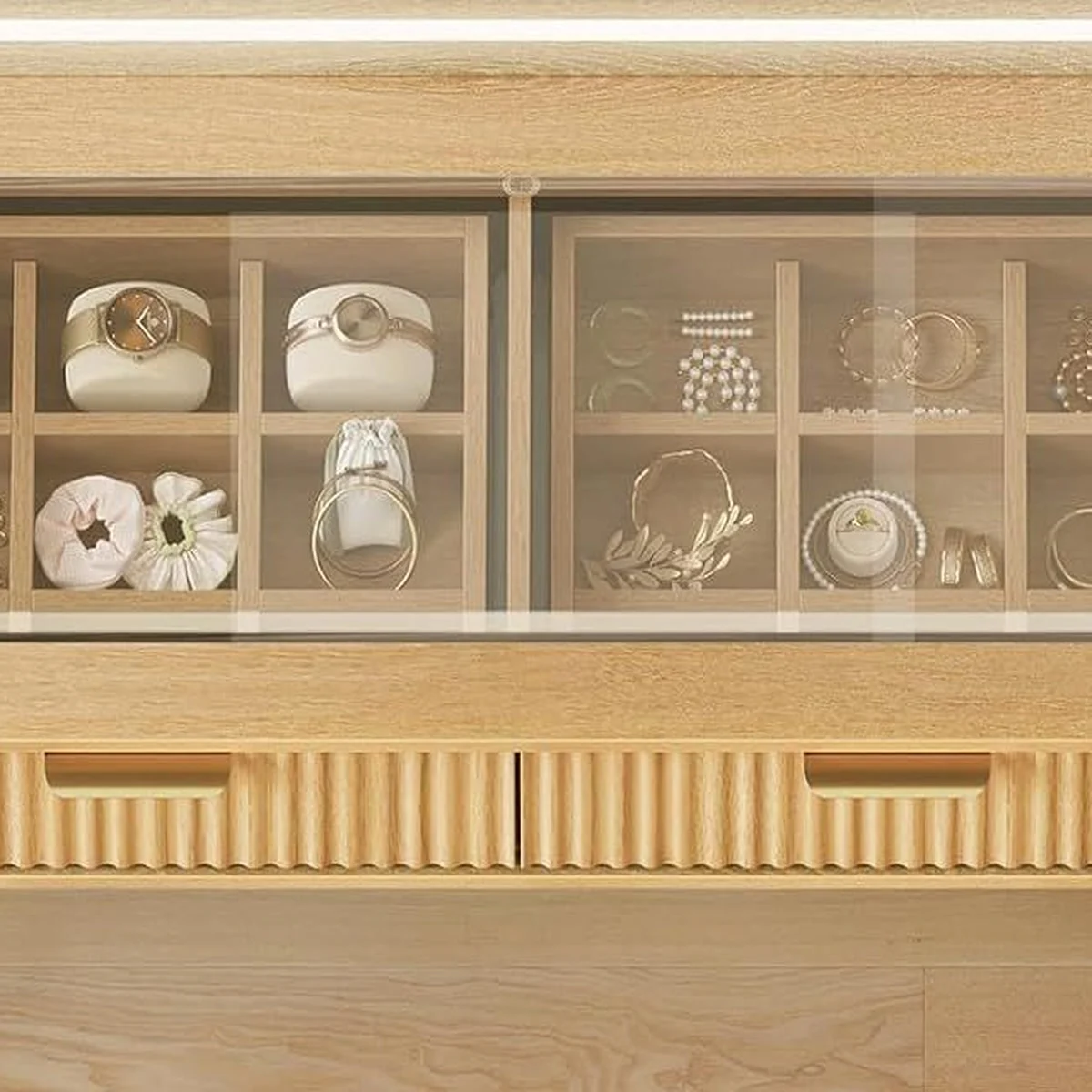 Jewellery stored under the tempered glass top