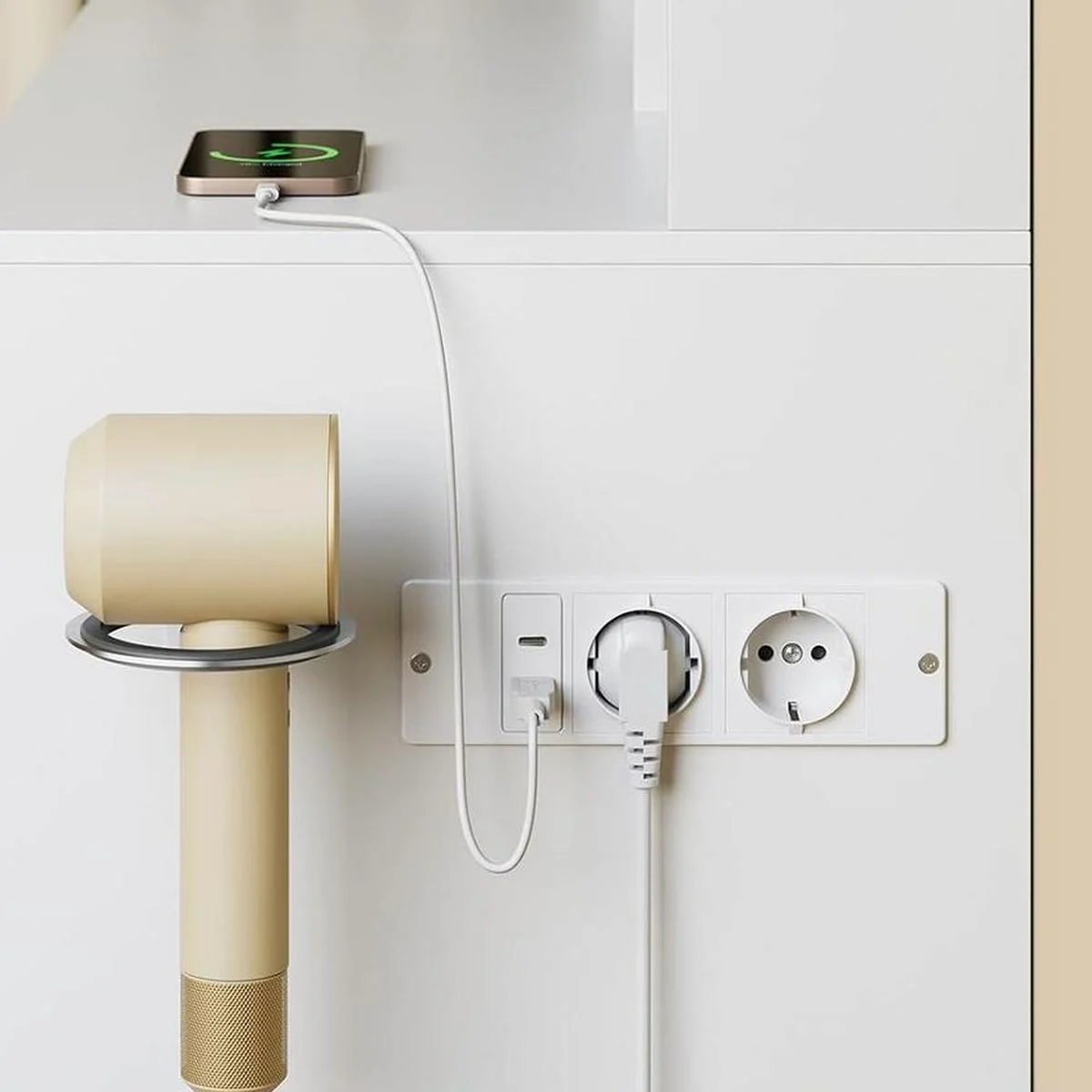 The sockets on the side and the hairdryer holder