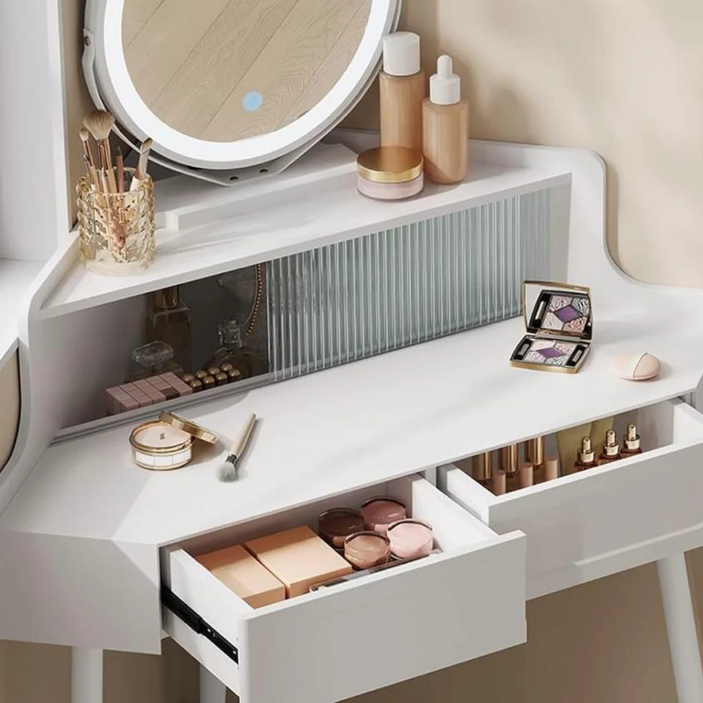 The drawers open, the glass-fronted compartment and the top