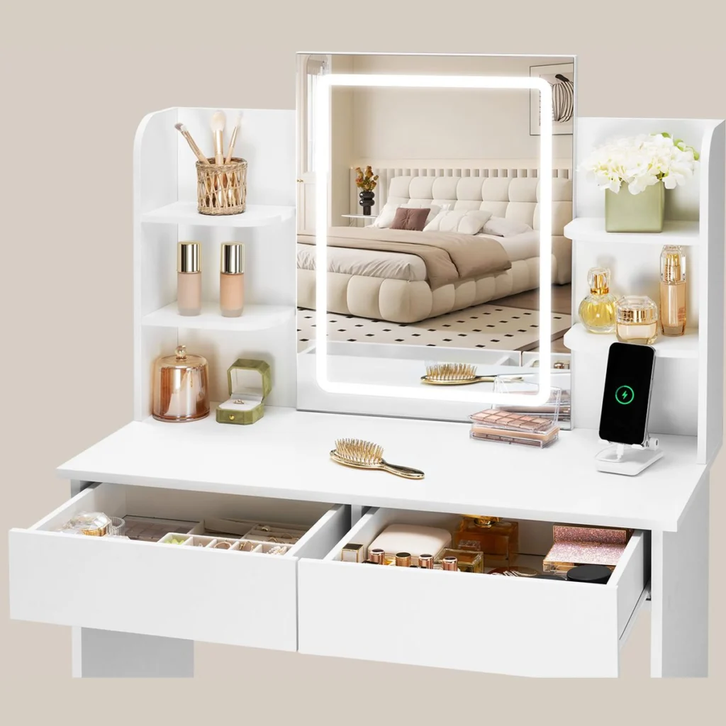 The 2 drawers open and the open shelves on each side of the mirror