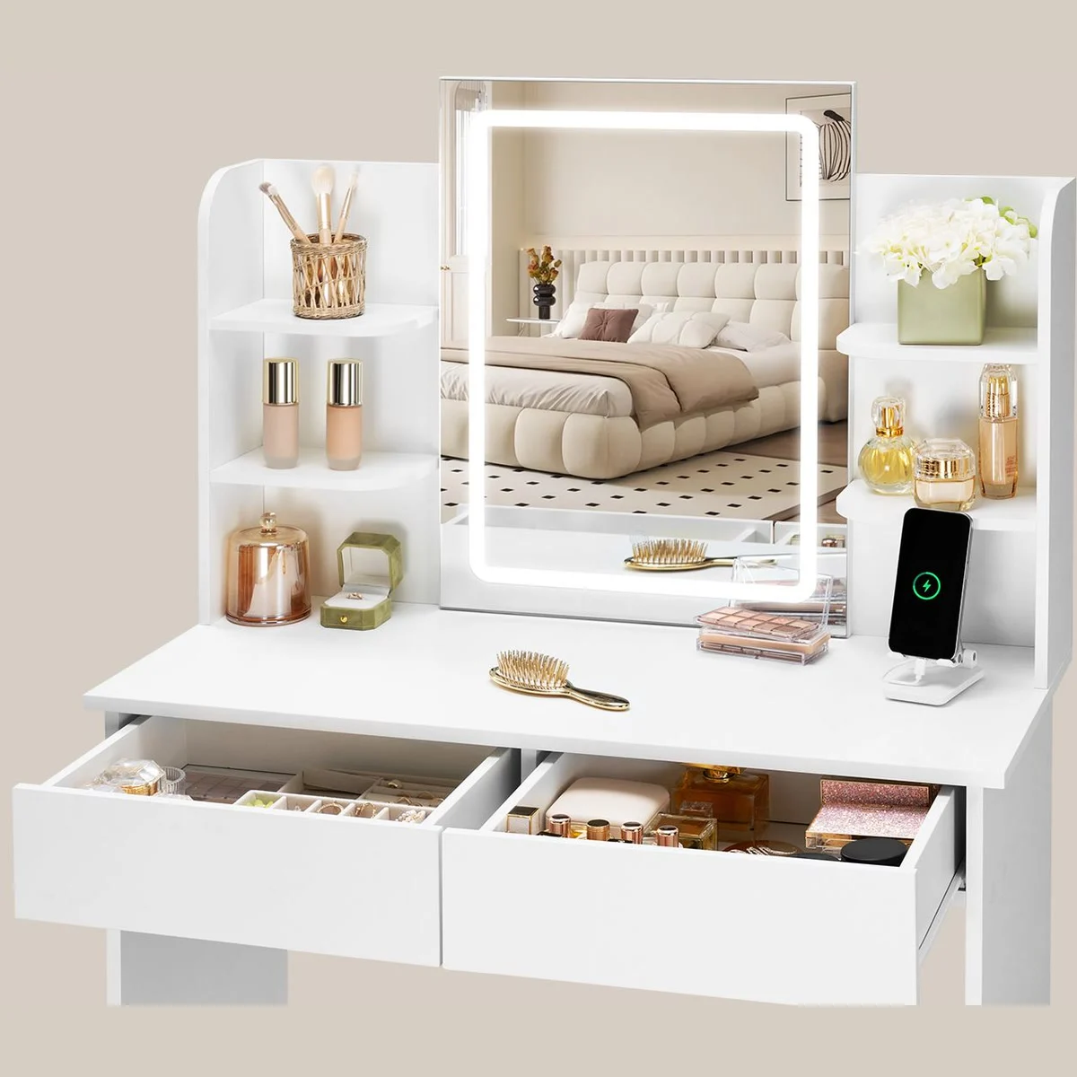 The 2 drawers open and the open shelves on each side of the mirror