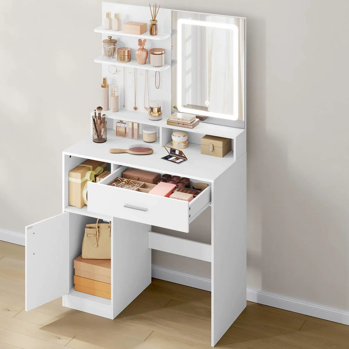 The drawer and the cupboard open