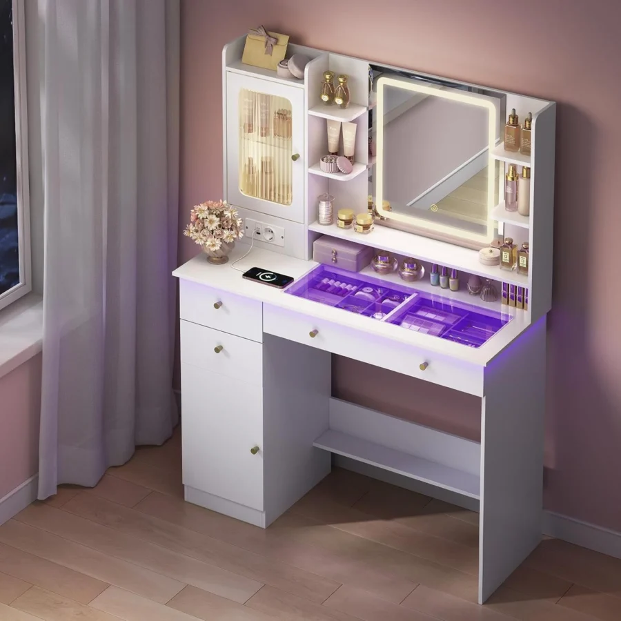 The glass top lit in purple, with the jewellery storage underneath