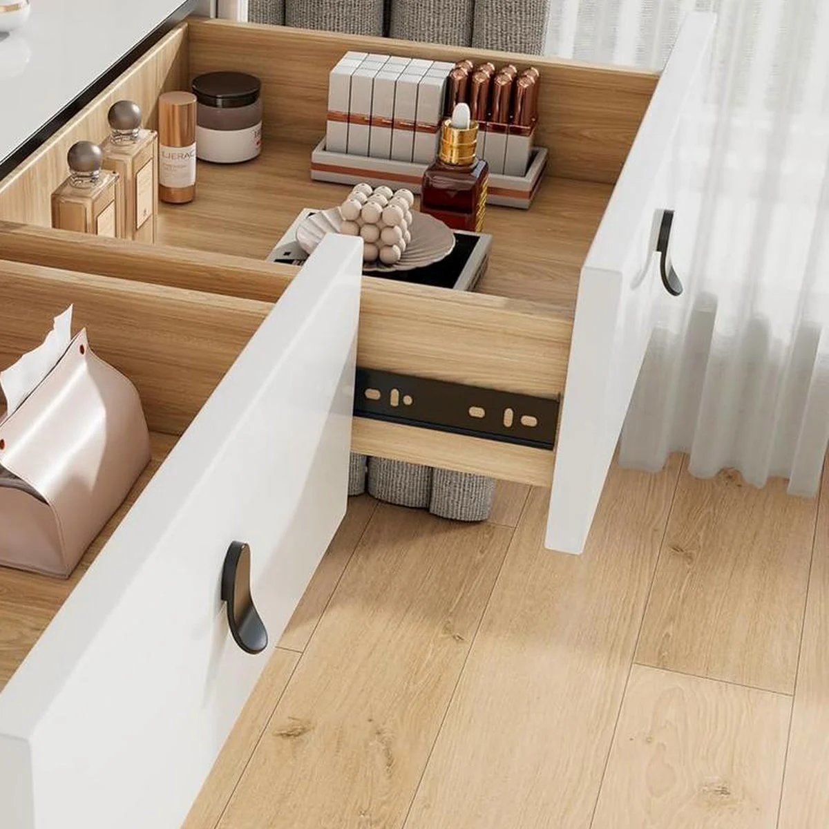 A solid wood drawer on its runners