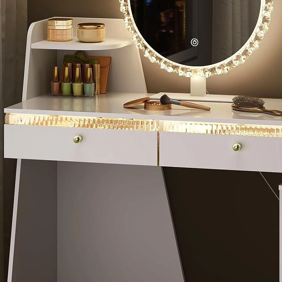 The 2 drawers under the tabletop, lit by their LED strip