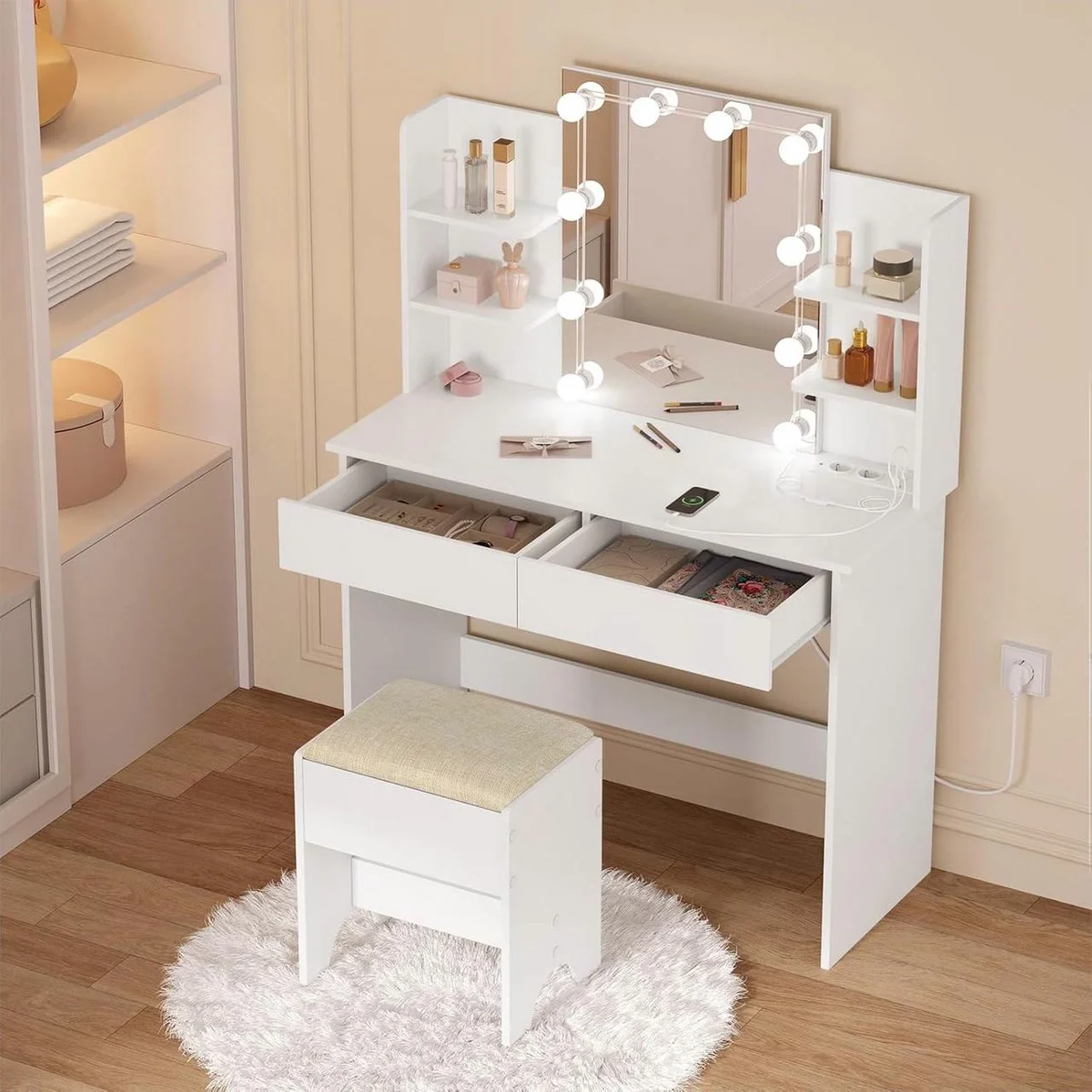 The 2 drawers open and the power strip on the top